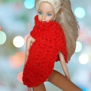vtg Mommy-Made Handmade Barbie Fashion Doll Red Knit Crochet Yarn Winter Scarf